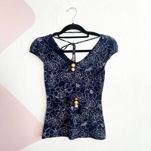 Vintage Y2K Floral Top Y2K 2000s Glam Coquette Indie Sleaze Blue Small